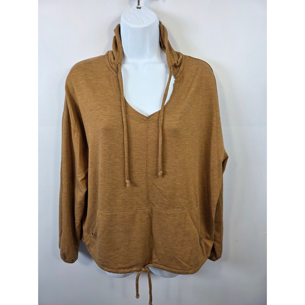 Maurices Womens V-Neck Hoodie Camel Brown Drawstring Hem Pullover Sweatshirt M